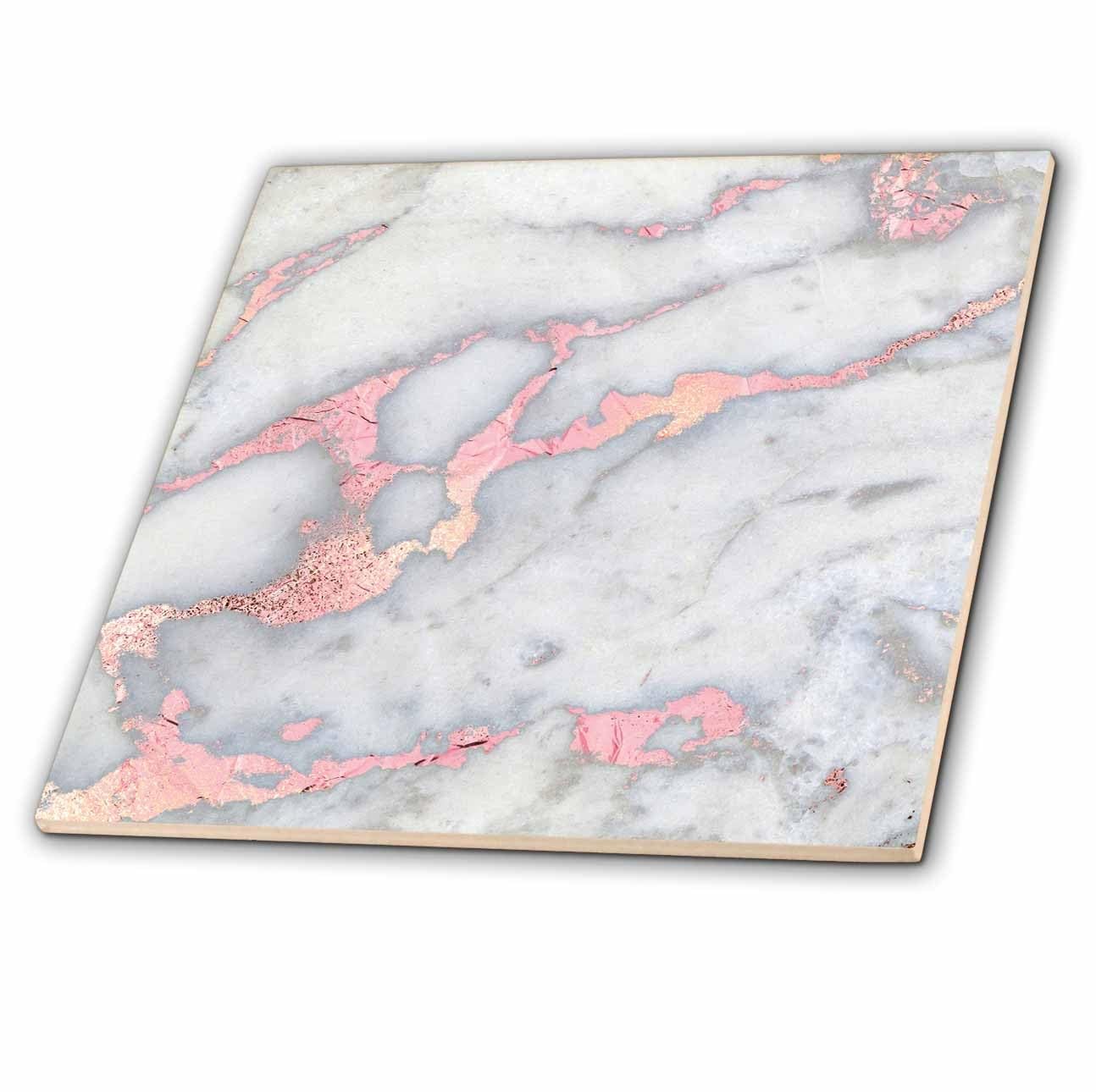 3dRose Luxury Grey Rose Gold Gemstone Marble Glitter Metallic Tile 8×8 Decor