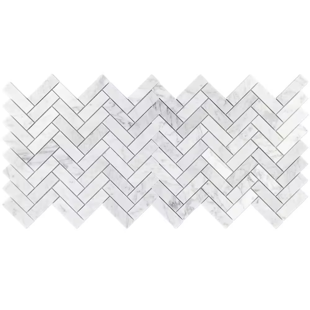 White Carrara Herringbone 12 In. X 12 In. 10Mm Polished Marble Stone Mosaic Wall