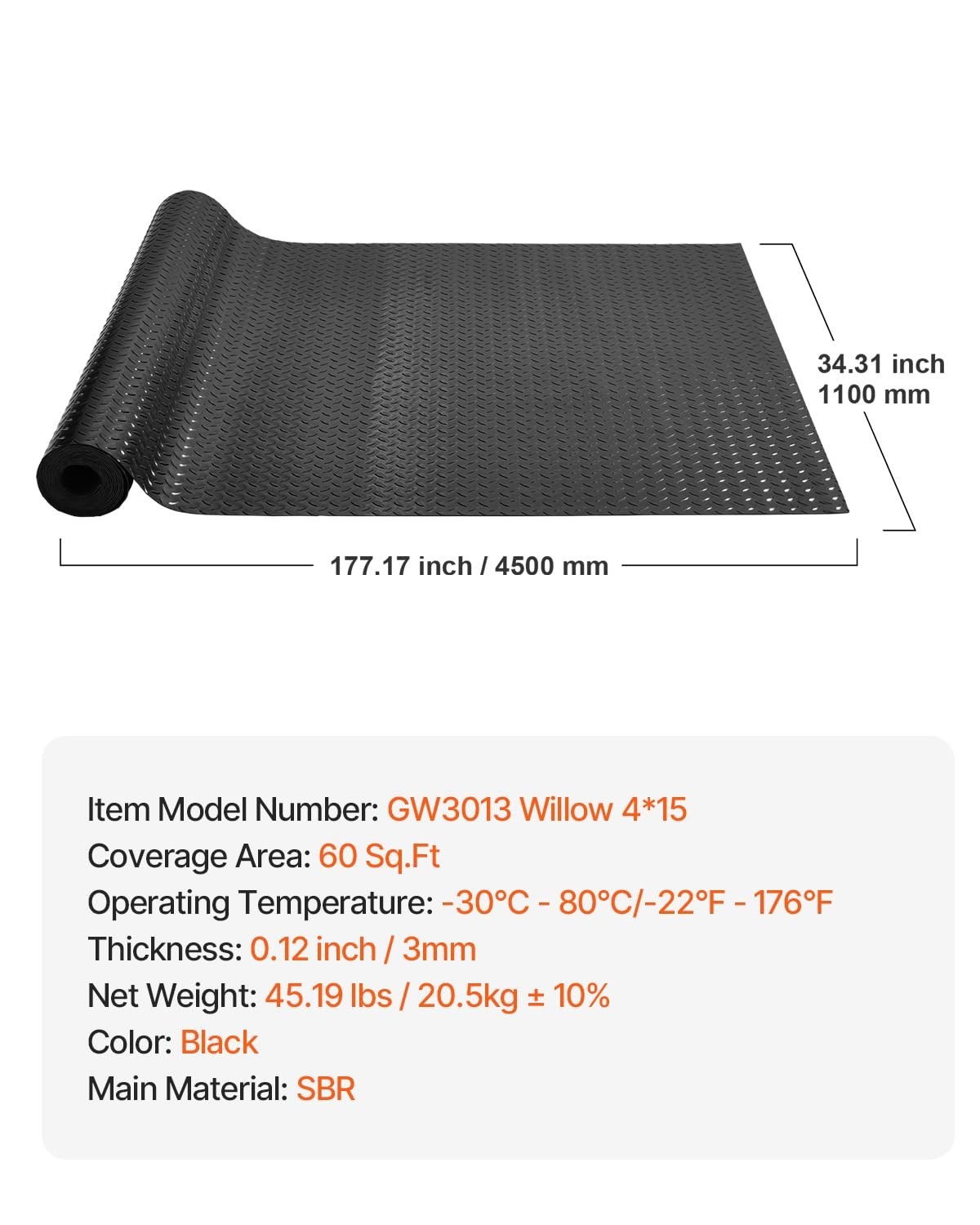 Rubber Flooring Roll 4×15 ft – 3mm Thick Non-Slip Diamond-Plate Mat for Garage,