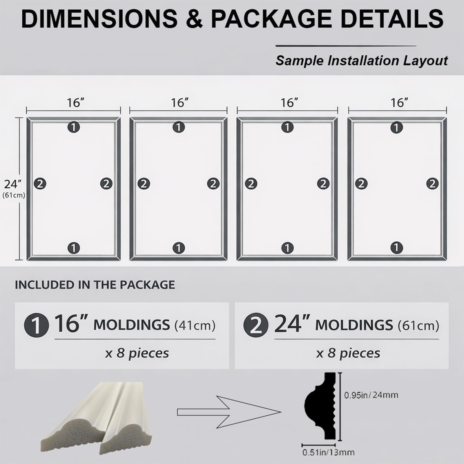 4 Set Peel & Stick Wall Molding Kit – Pre-Cut Mitered Trim for DIY Wainscoting,