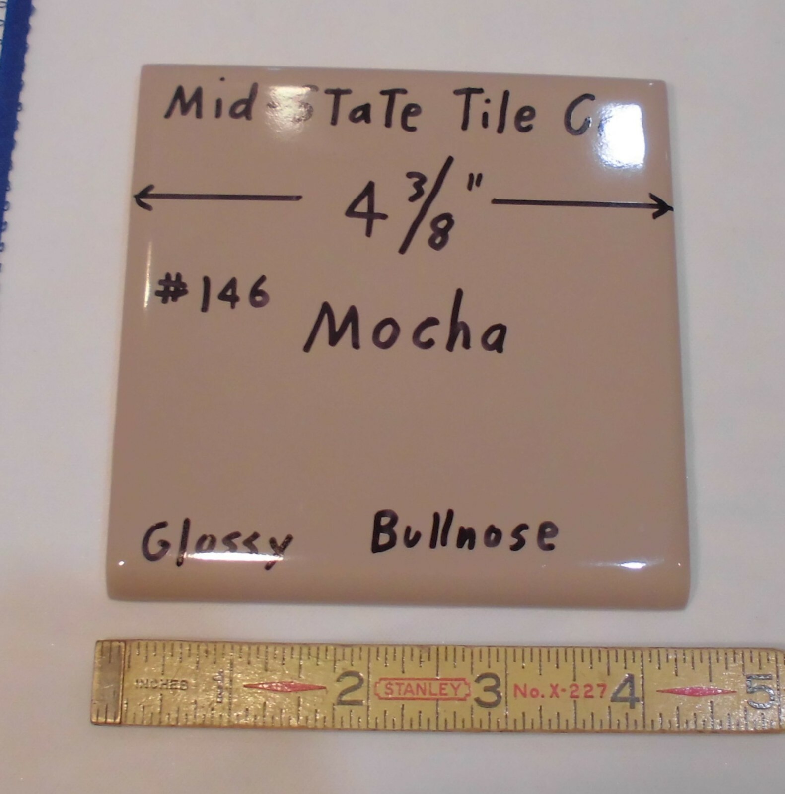 1 pc. *Mocha – Brown* Bullnose Ceramic Tile 4-3/8″ by Mid-State Co. Glossy NEW