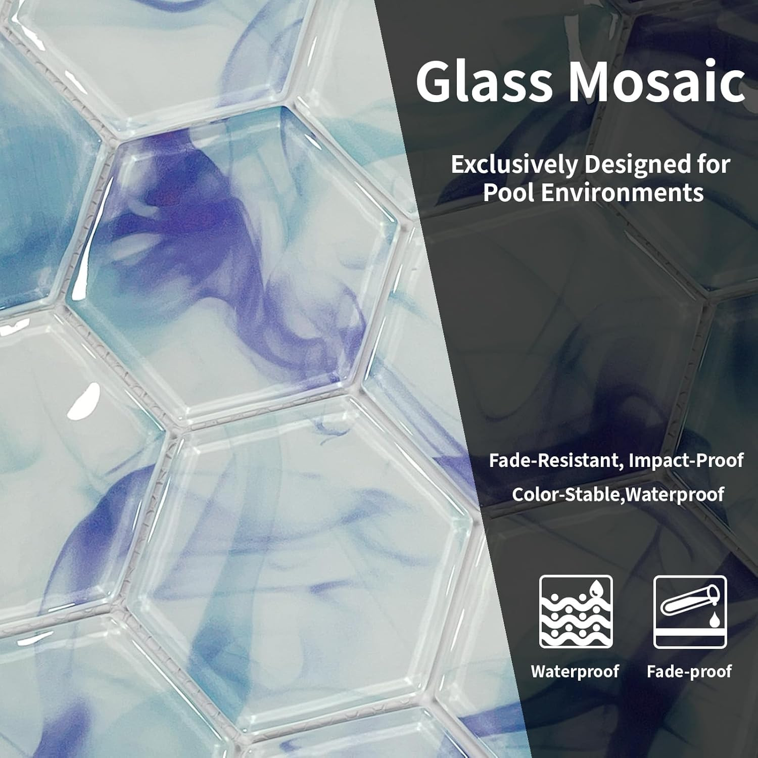 Ink Blue Hexagon Glass Mosaic Tiles – 5 Sheets for Pool & Kitchen Decor
