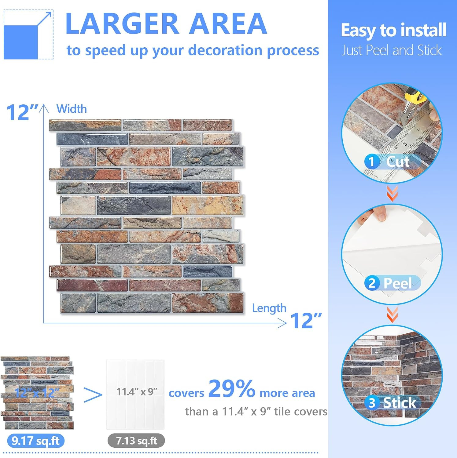 Thicker Design Peel and Stick Tile Backsplash, 12”×12” Stick