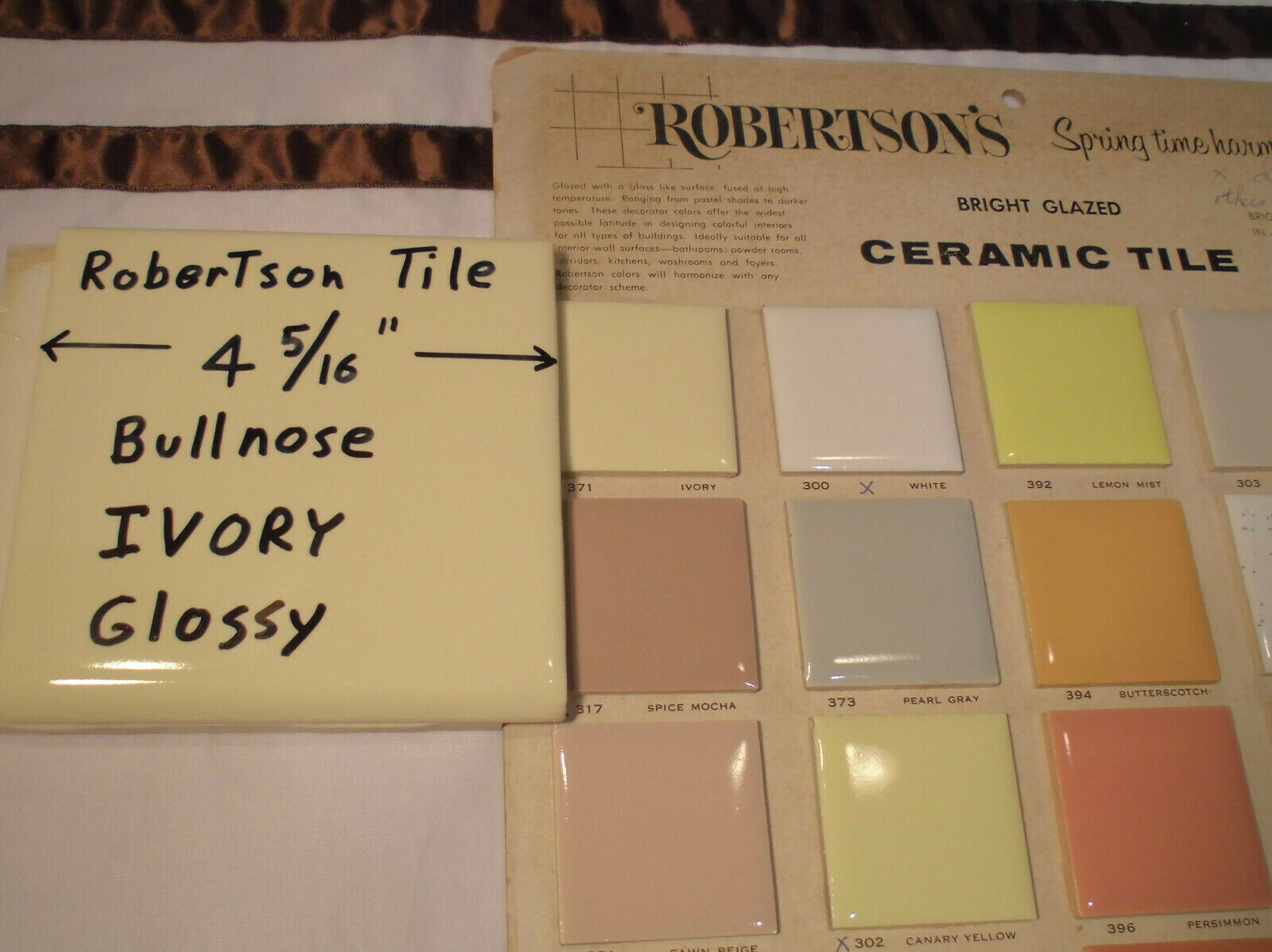 1 pc. Ivory- Light Yellow: 4-3/8″ Glossy Ceramic Bullnose by Robertson Tile Co.