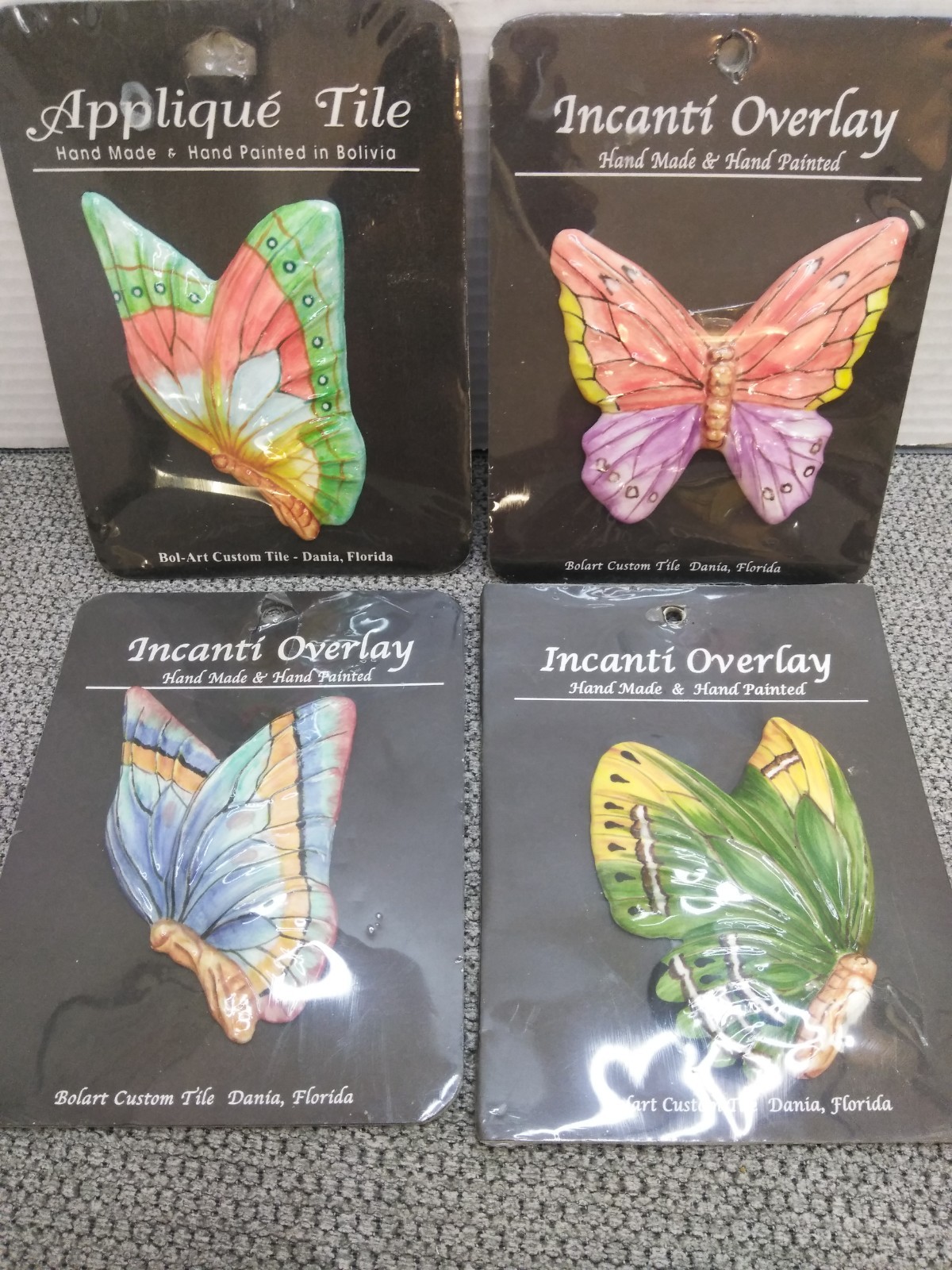 Bolart Custom Tile BUTTERFLY Hand Made Hand Painted Set Of 4 Incanti Overlay