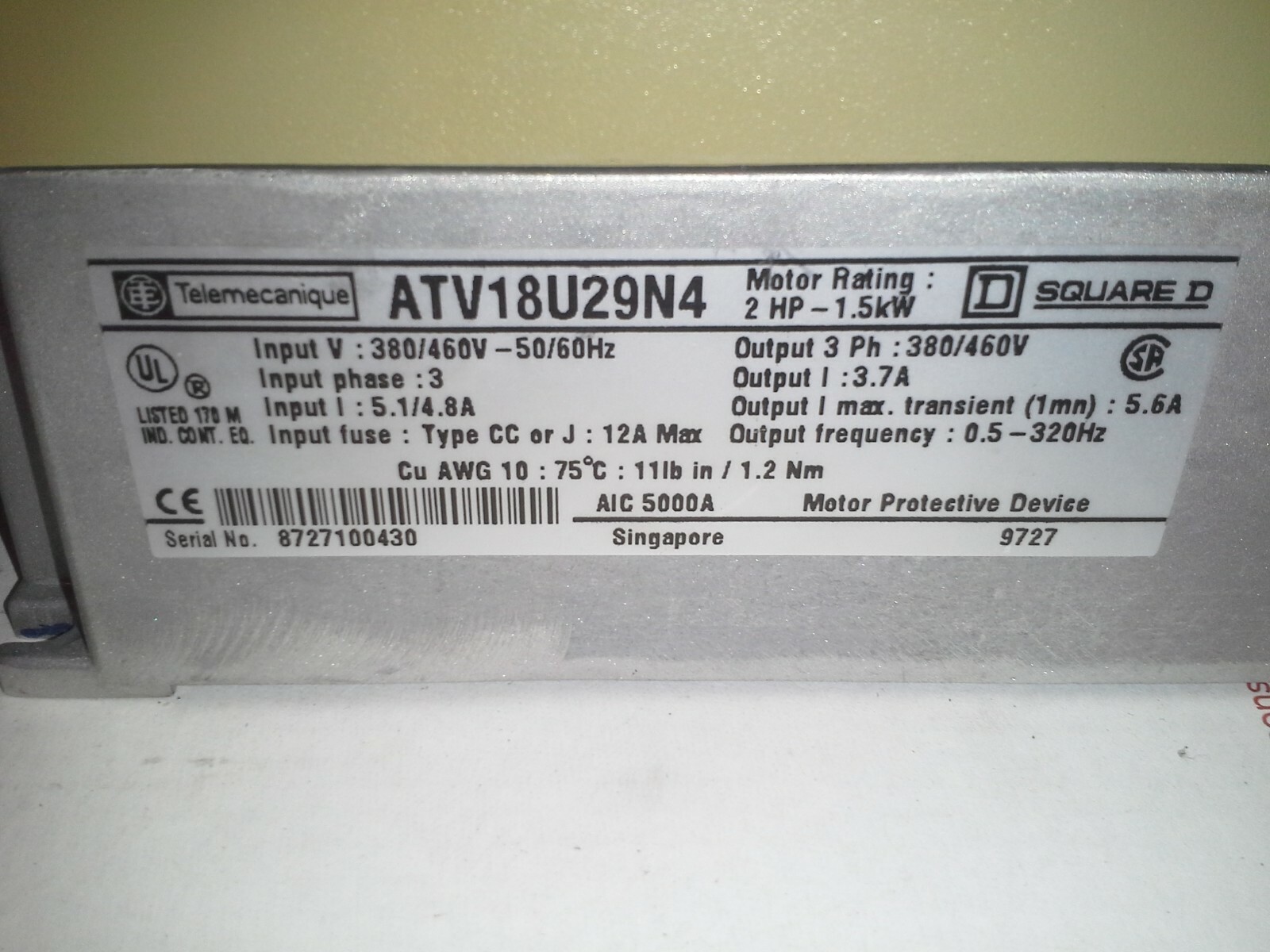 TELEMECANIQUE ATV18U29N4, ALTIVAR 18, HARDLY USED SQUARE D ELECTRONICS