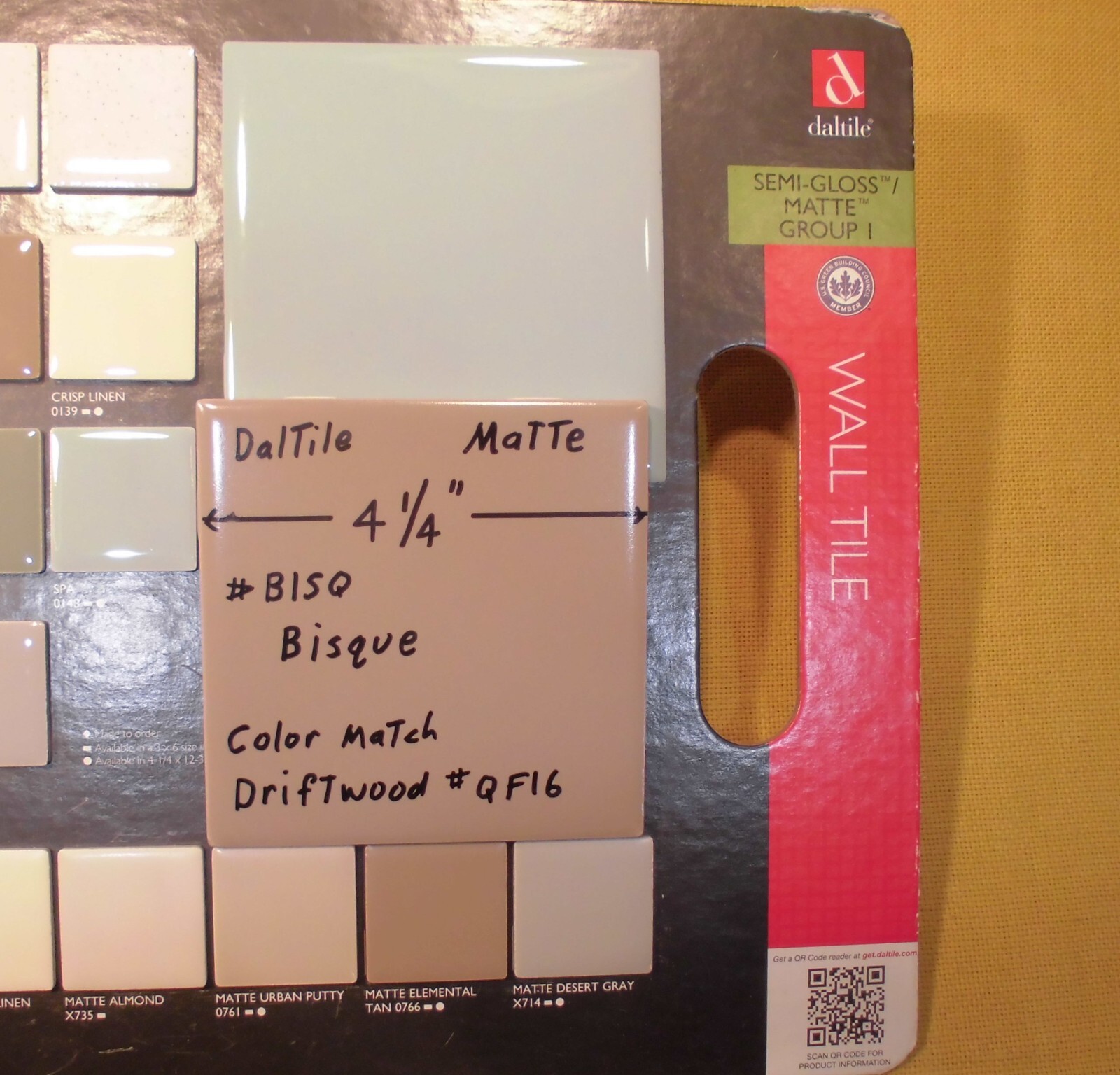 1 pc. Bisque Matte Ceramic Tile by Daltile #BISQ: 4-1/4″ Light Brown, NEW