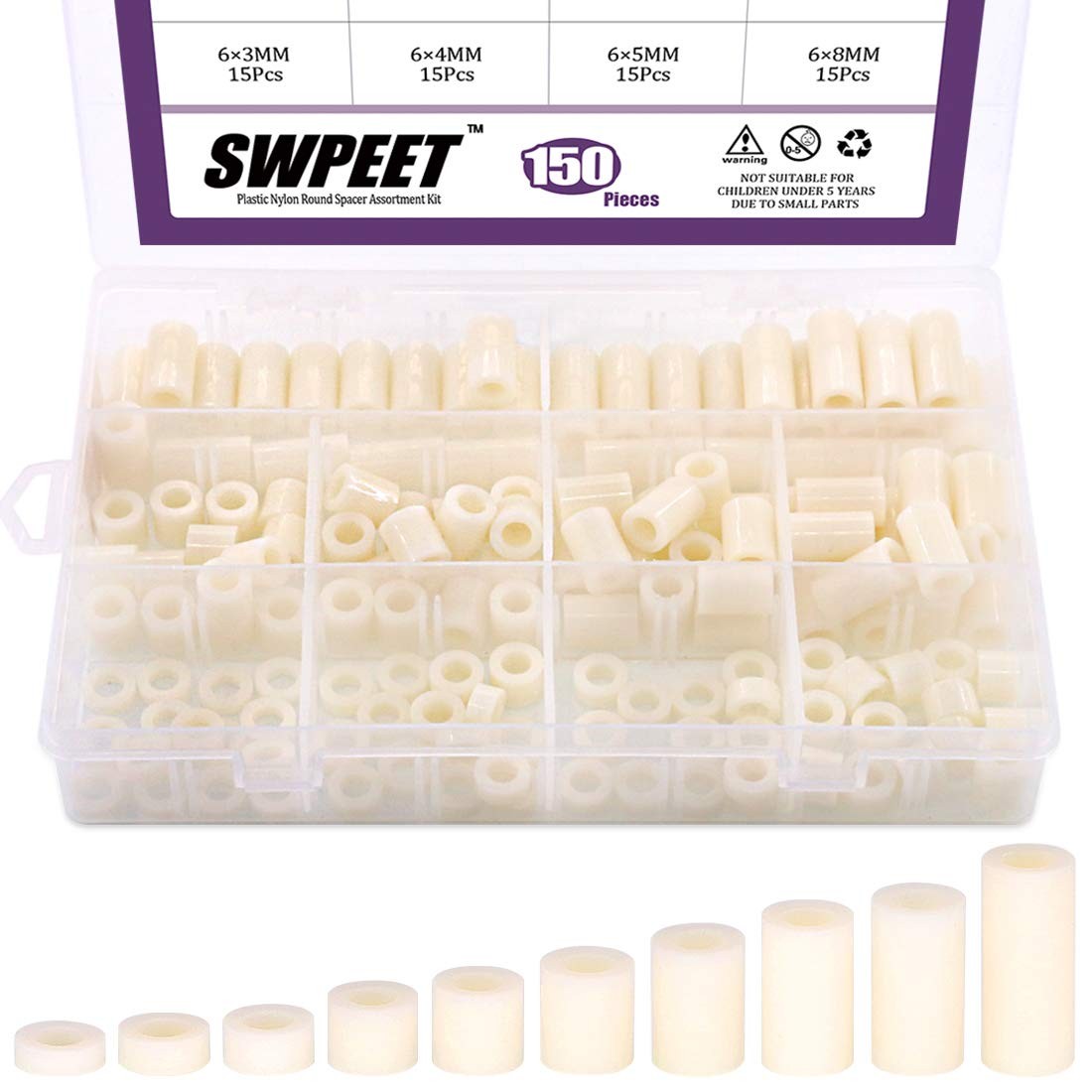 Swpeet 150Pcs Nylon Round Spacer Standoff Screw Nut One Size, White