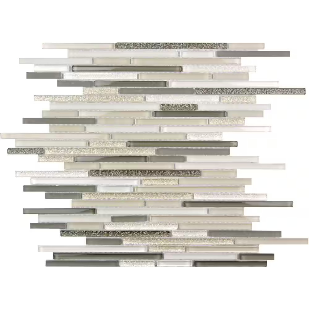Waterfall Beige and White 11.8 In. X 11.8 In. Linear Glass Mosaic Floor and Wall