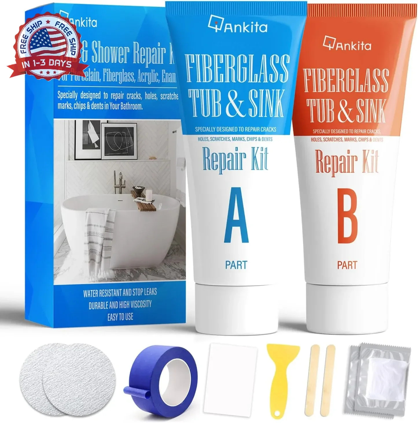 Tub Repair Kit White, Tub Chip and Bathtub Repair Kit for Enamel, Fiberglass, Ac