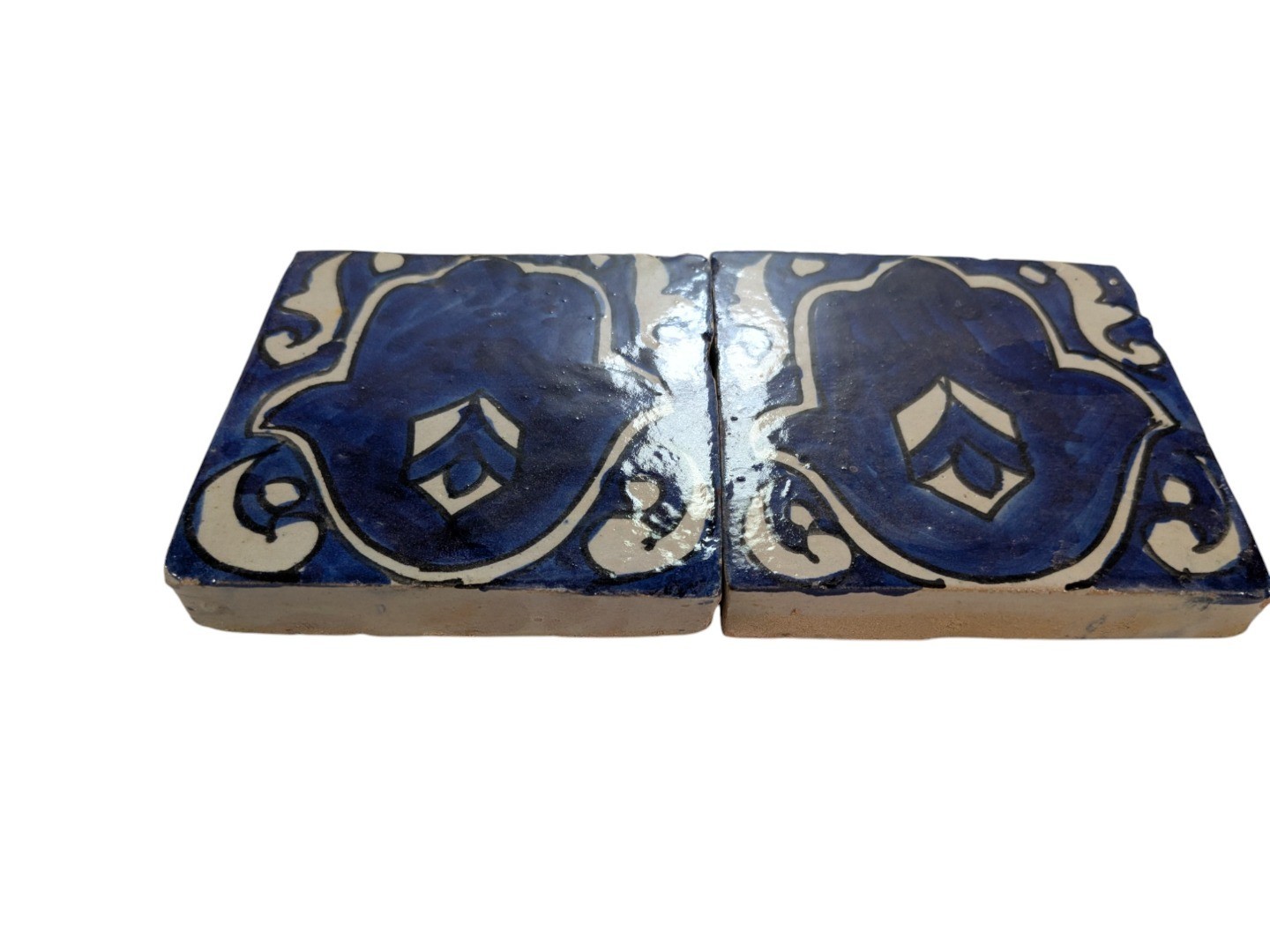 2x Moroccan Zellige Mosaic Tiles Pair Hamsa Design F 10cm/4 Inch