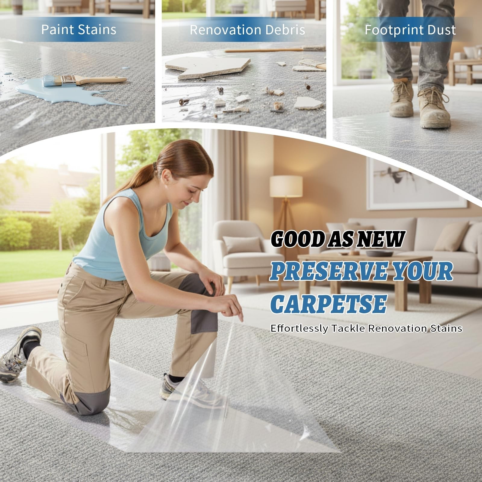 Yiech Carpet Protection Film 24″ x 50′ – Self-Adhesive Clear Plastic Floor