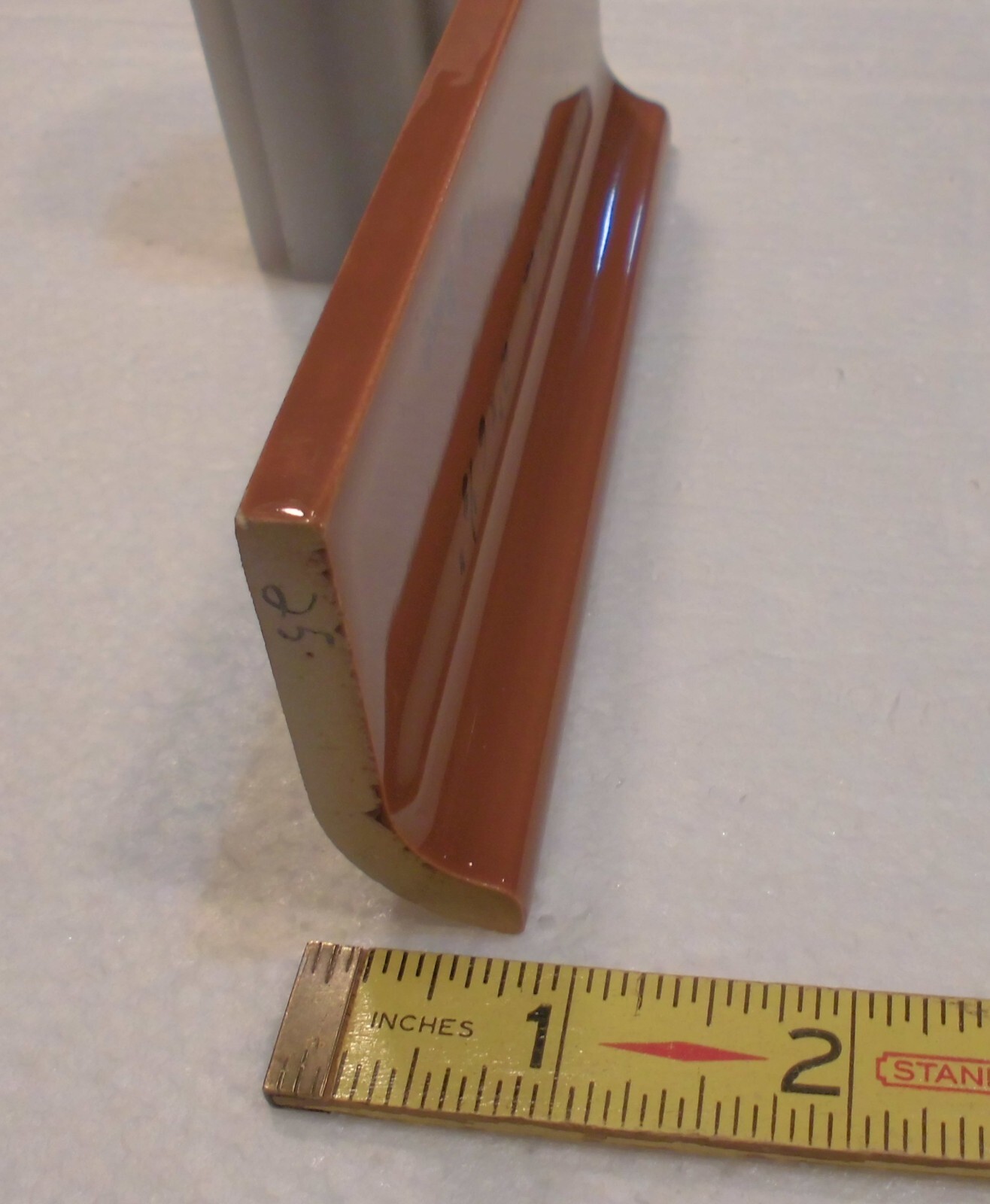 1 pc. Medium Brown: 2” X 6-1/8” Glossy Ceramic Cove Base Tile, Flat Top, NOS