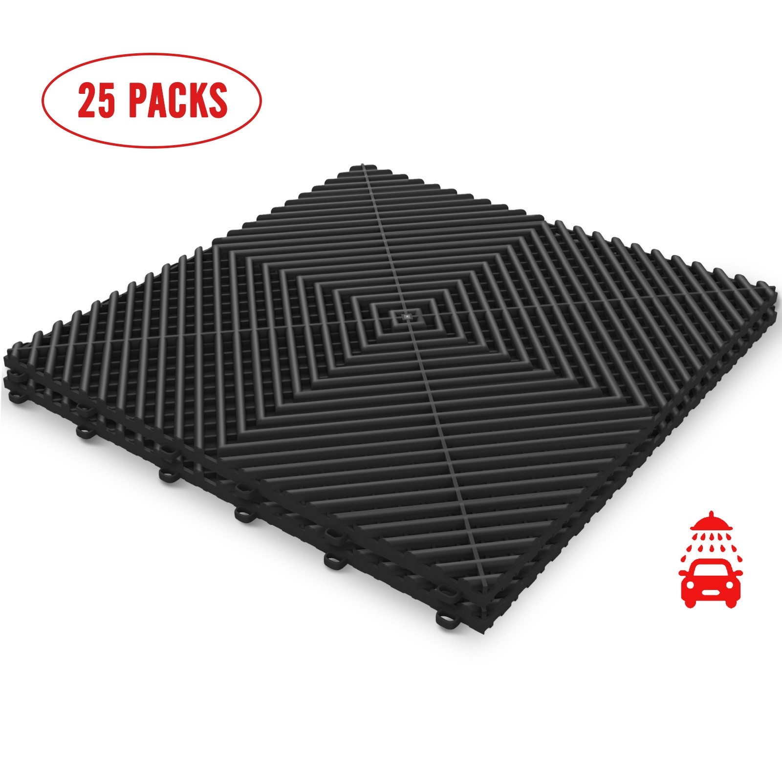 Interlocking Garage Floor Tiles 15.7” x 15.7” Deck Snow Water Drainage Black