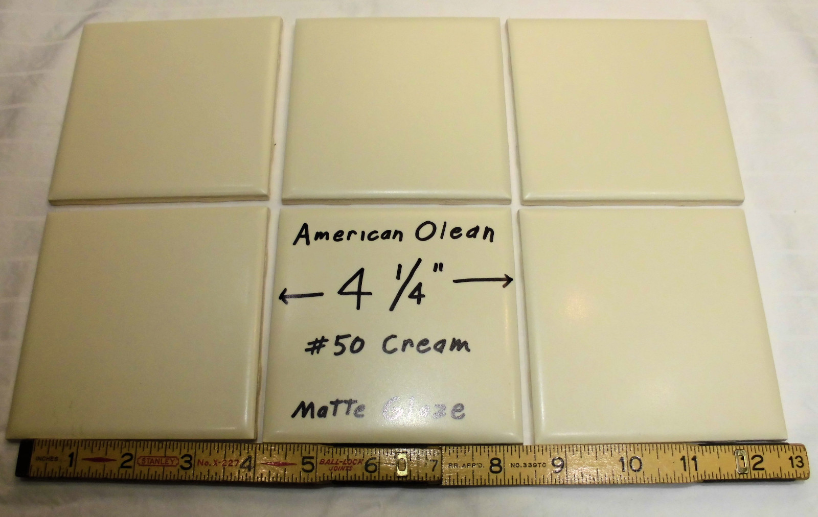 6 pcs. Vintage 4-1/4″ Matte Ceramic Tiles; by American Olean, A Soft Cream Color