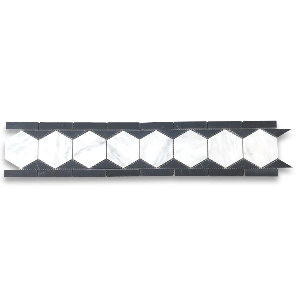 C33B2XH Carrara White Marble 3 Hexagon Listello Mosaic Border Tile Black Honed