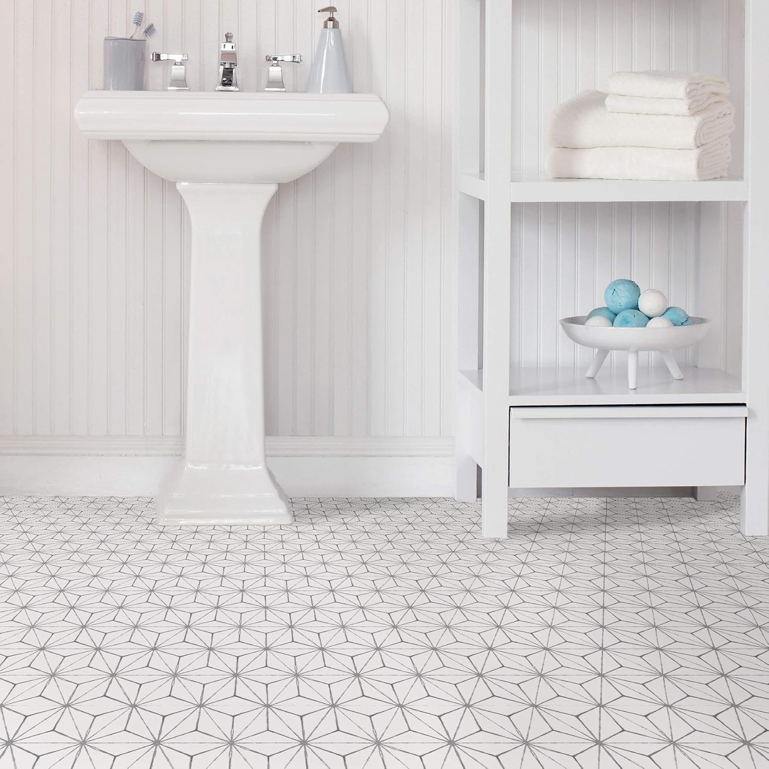 FP2481 Kikko Peel Stick Floor Tiles, White & Off-White