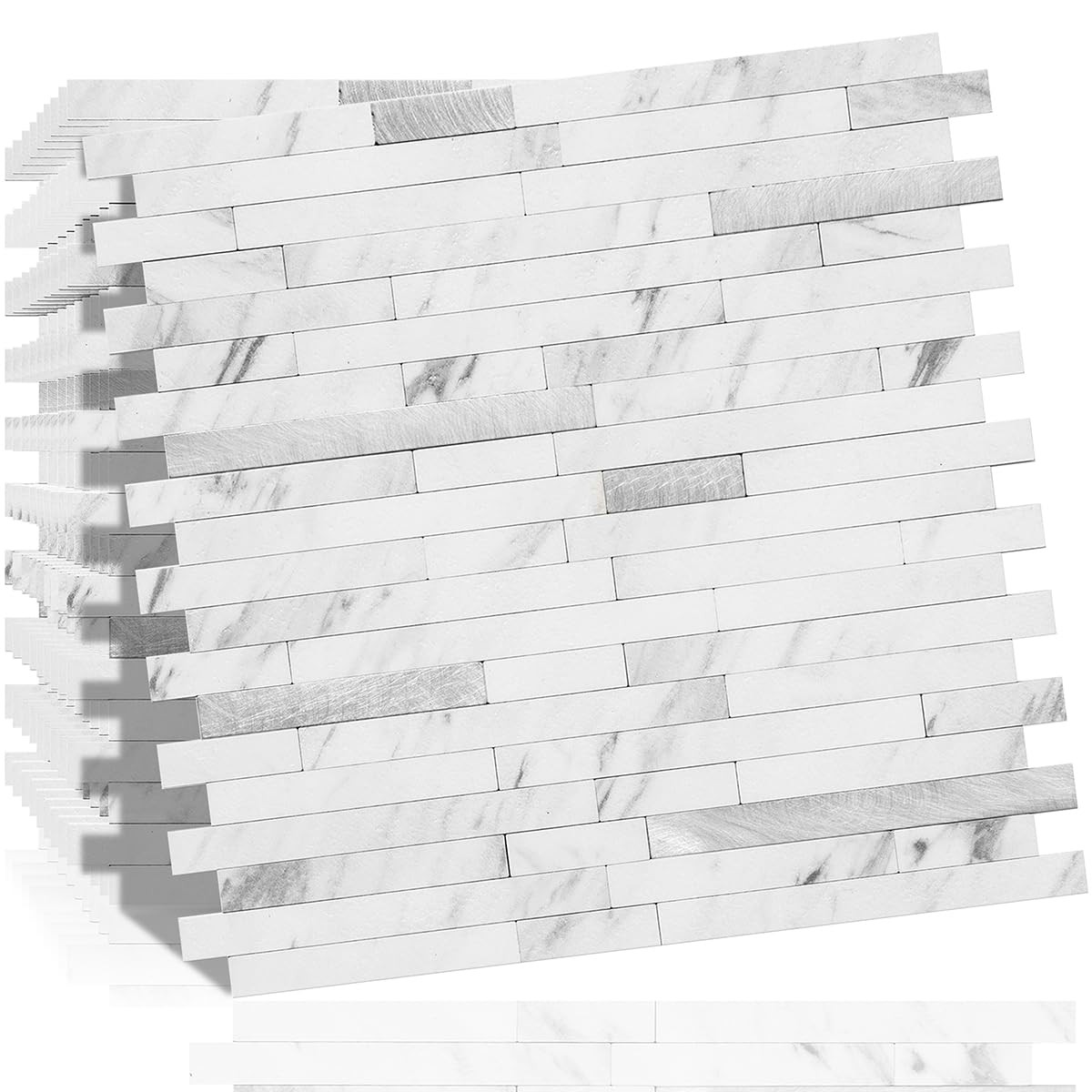 10-Sheet Peel and Stick Backsplash Tile, Faux White Marble Look PVC Mixed Met…