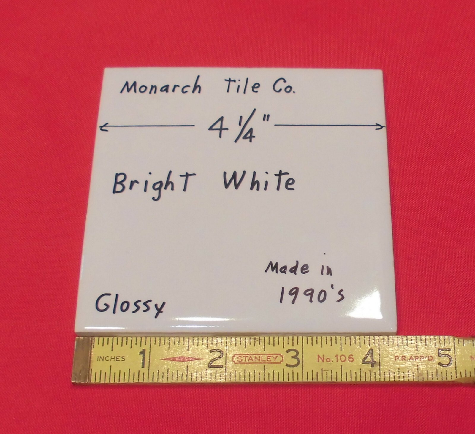 1 pc. Bright White 4-1/4″ Glossy Ceramic Tile by Monarch Tile Co. USA New
