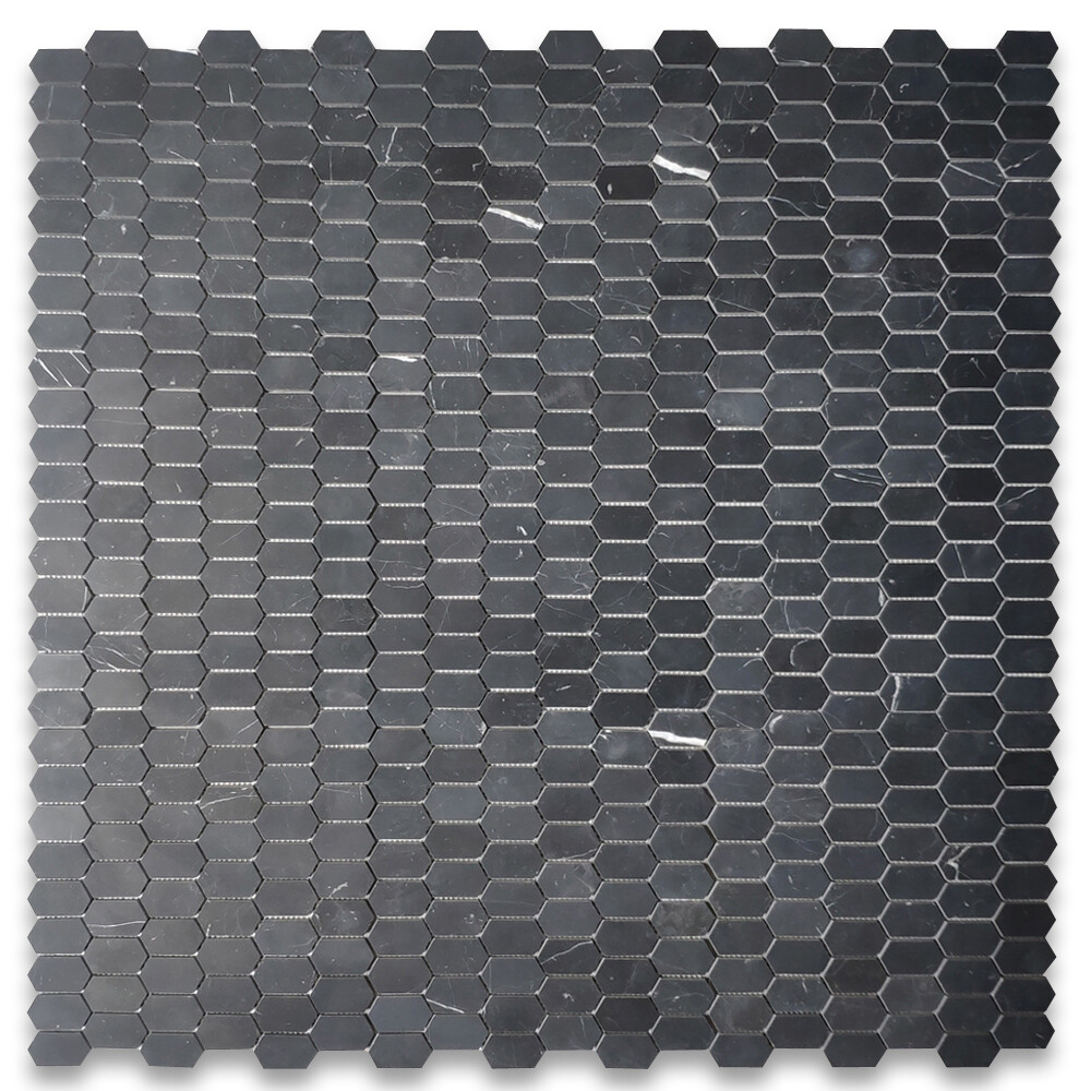 N30AXH Nero Marquina Black Marble Constellation Hexagon Mosaic Tile Honed