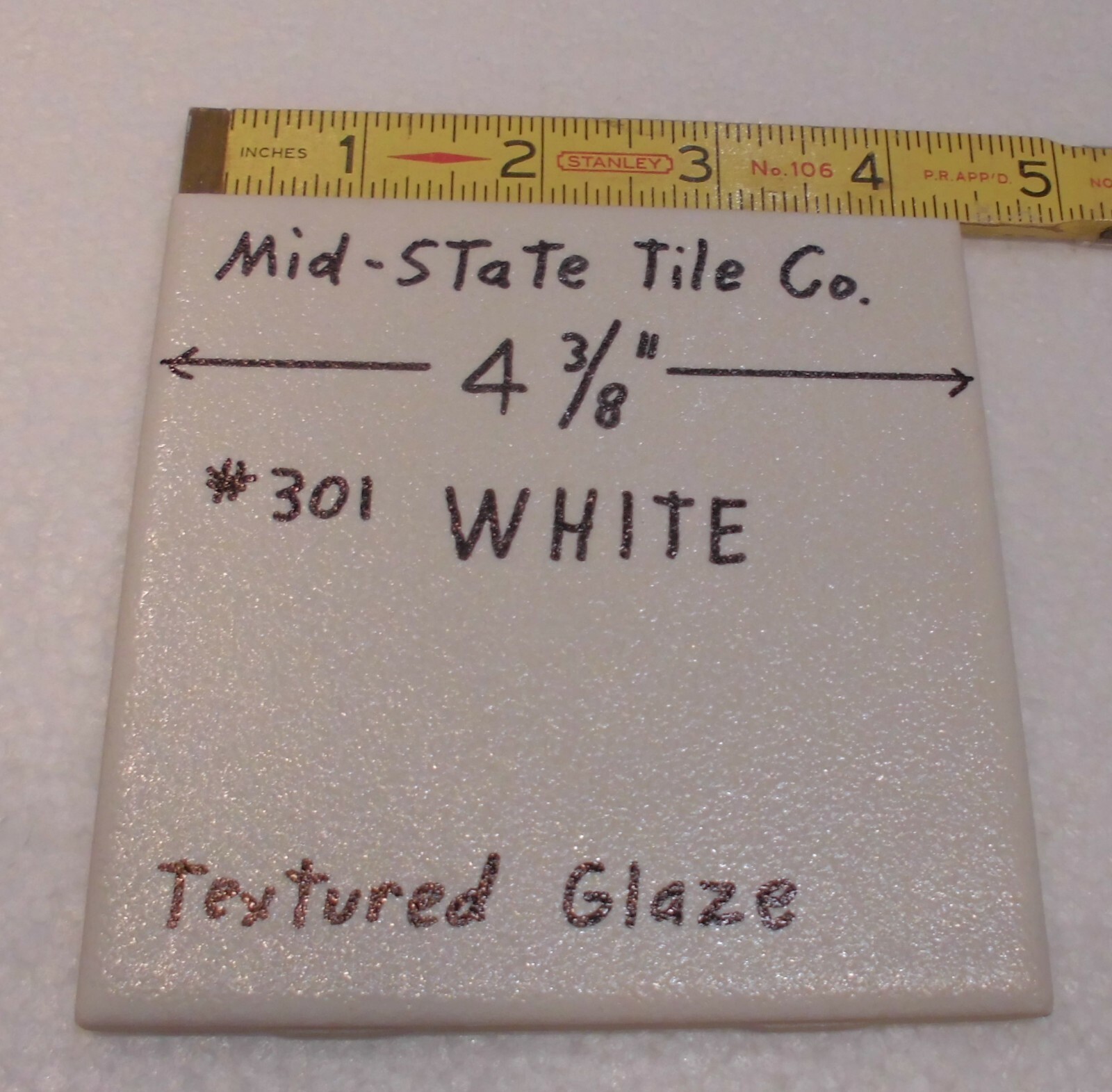 1 pc. Vintage *White Crystal Glaze* Ceramic Tile 4-3/8″ by Mid-State Co. NOS