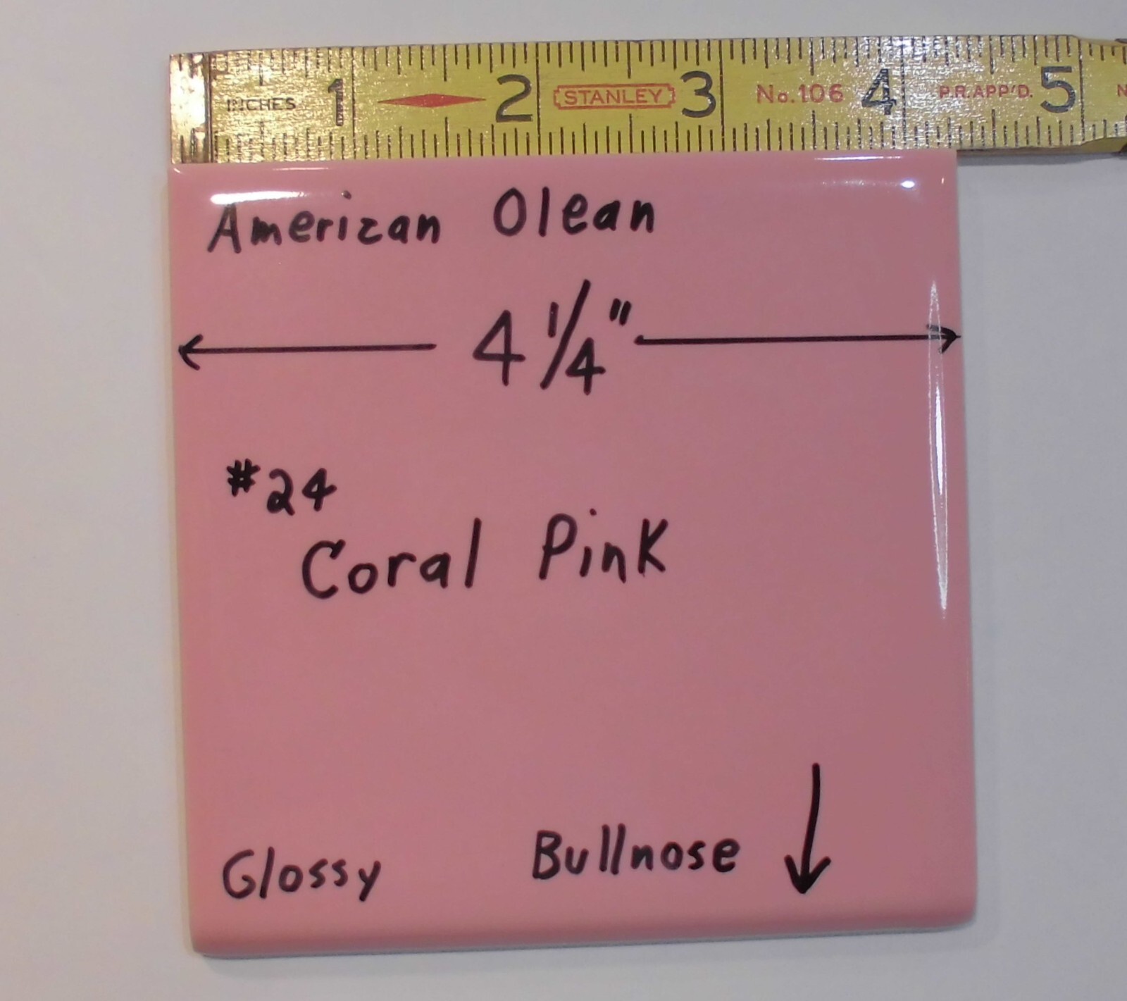 1 pc. Vintage Glossy Ceramic Bullnose Tile 4-1/4” *Coral-Pink* American Olean