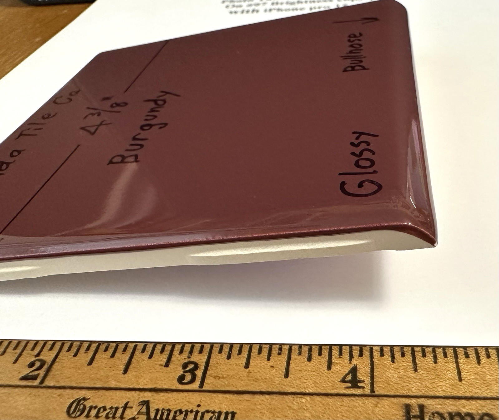 1 pc. Burgundy: 4-3/8″ Bullnose: Glossy Ceramic Tile by Florida Co. #1084 NEW