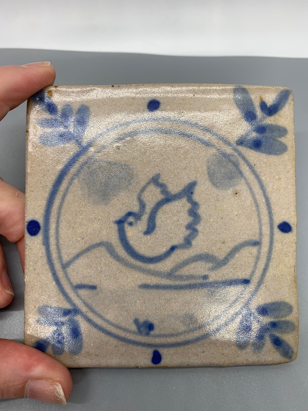 Antique Decorative Clay Tile Dove Bird Design 3.75″ x 3.75″ Hand Painted In Blue