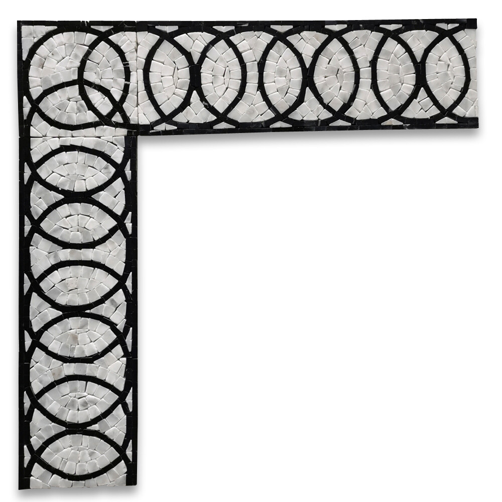 B0103P Eternal Rings Mosaic Border Carrara White Black Marble Listello Tile