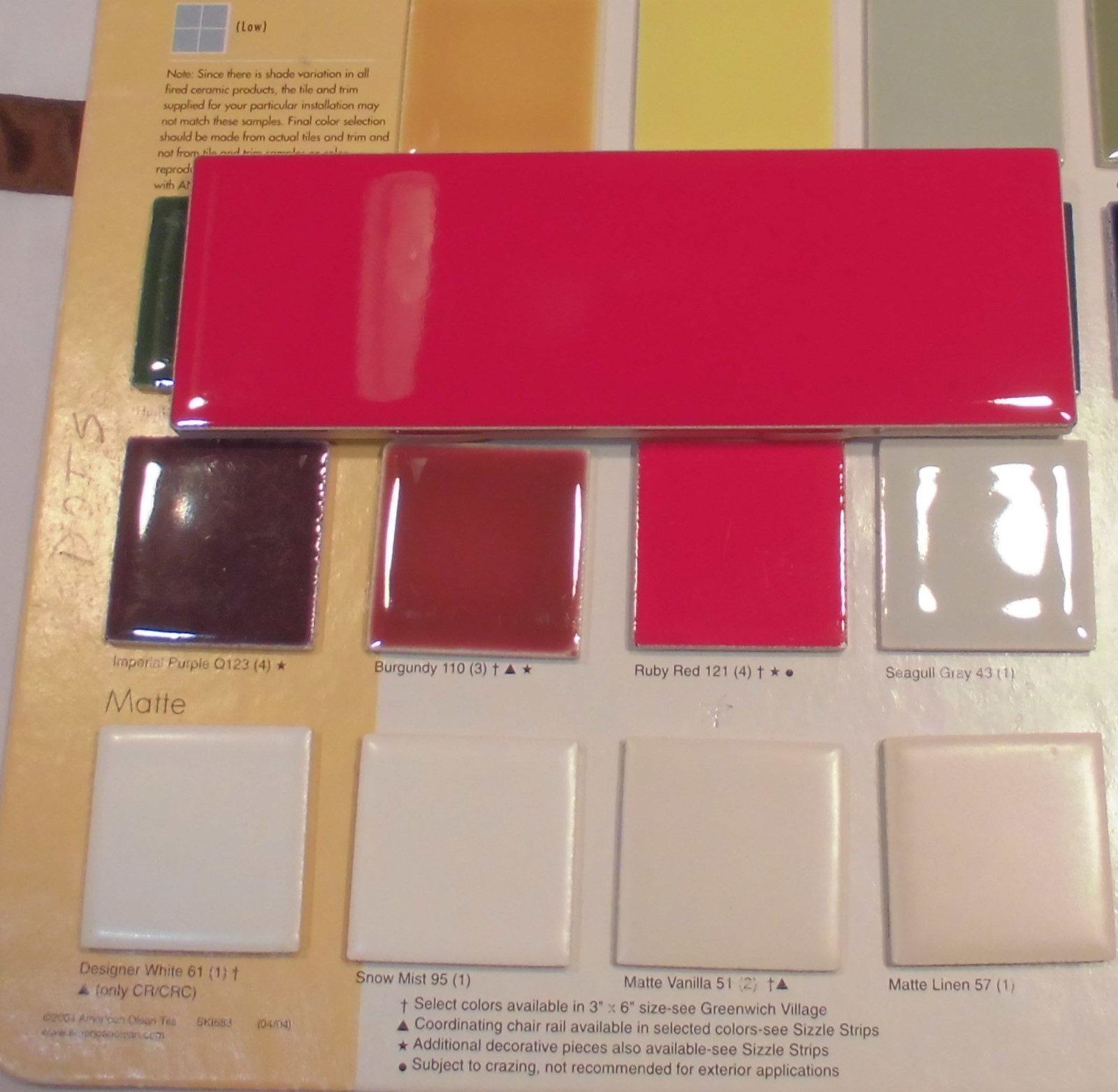 10 pcs. Glossy Ceramic Tiles *Liner/Sizzle *Ruby Red* by American Olean 2″ X 6″