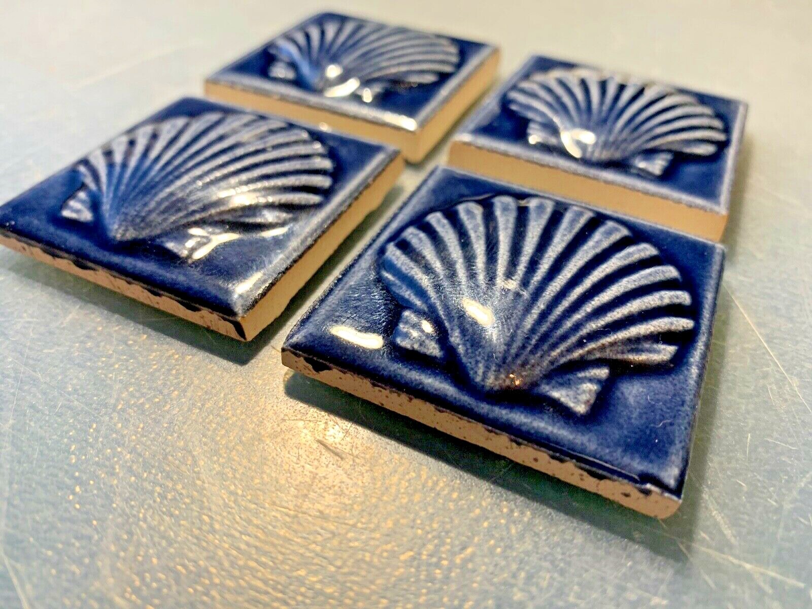 2×2″ Ceramic Tiles, Set of 4 Scallop Shell Seashell Blue Glaze Ocean Theme Tile