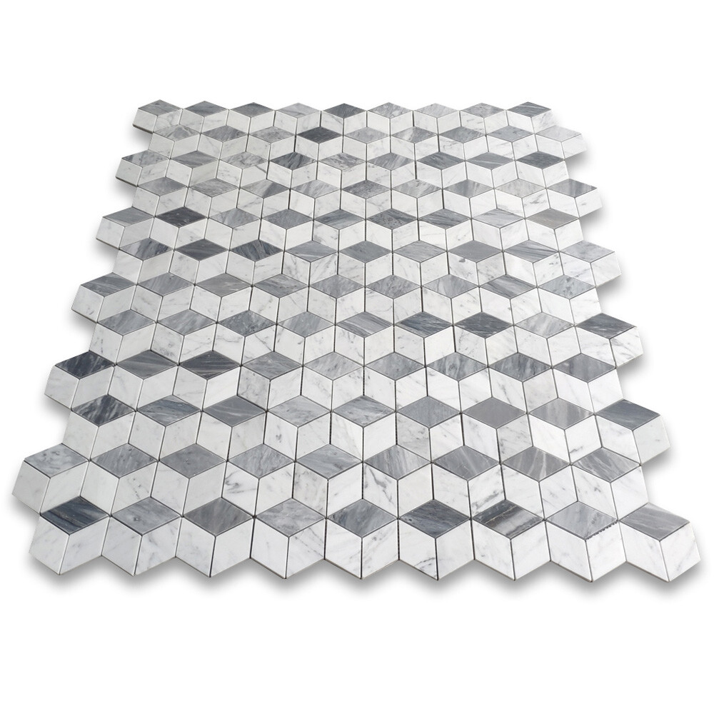 C34K7XH Carrara White Gray Marble 3D Cube Illusion Rhombus Geometry Tile Honed