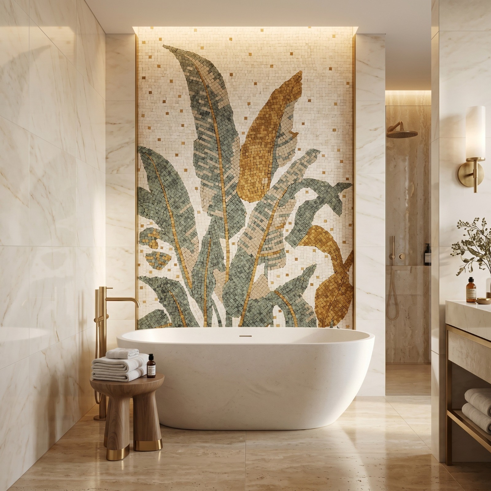 Tropical Banana Leaf Marble Mosaic Wall Art, Botanical Stone Inlay Panel