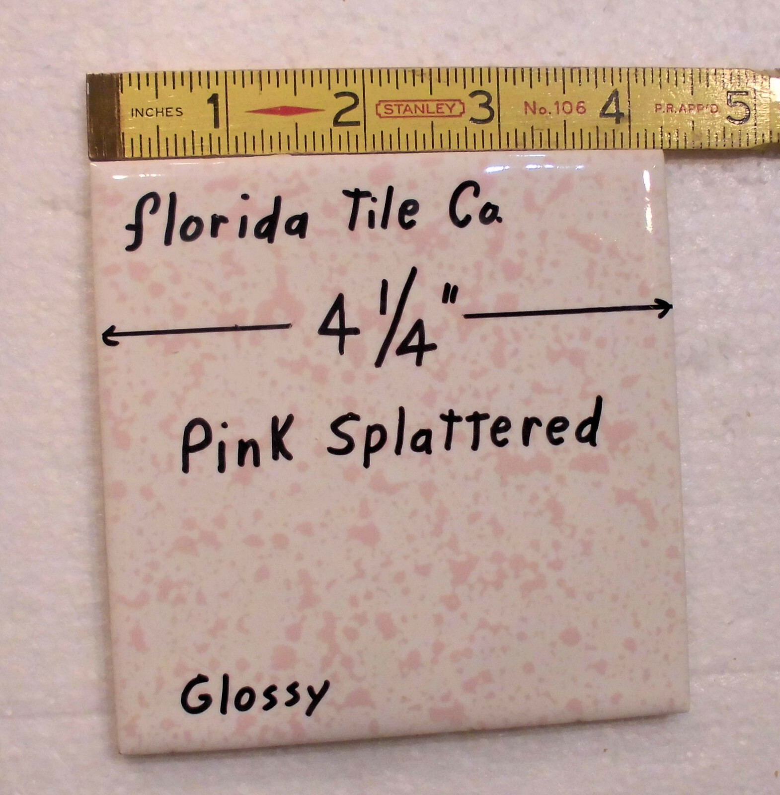 1 pc. “Pink Splattered” 4-1/4″ Glossy Ceramic Tile: Florida Co. Pink on White