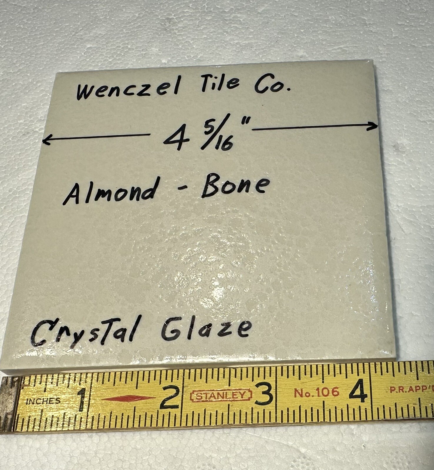 1 pc. *Almond – Bone* Crystal Glaze; Ceramic Tile by Wenczel Co. 4-5/16″ NOS