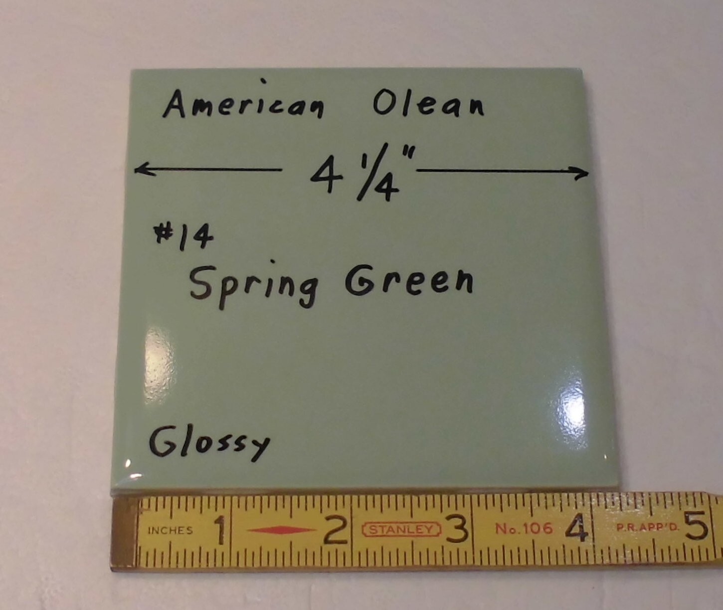1 pc. Vintage Spring Green: 4-1/4″ Glossy Ceramic Tile by American Olean, NOS