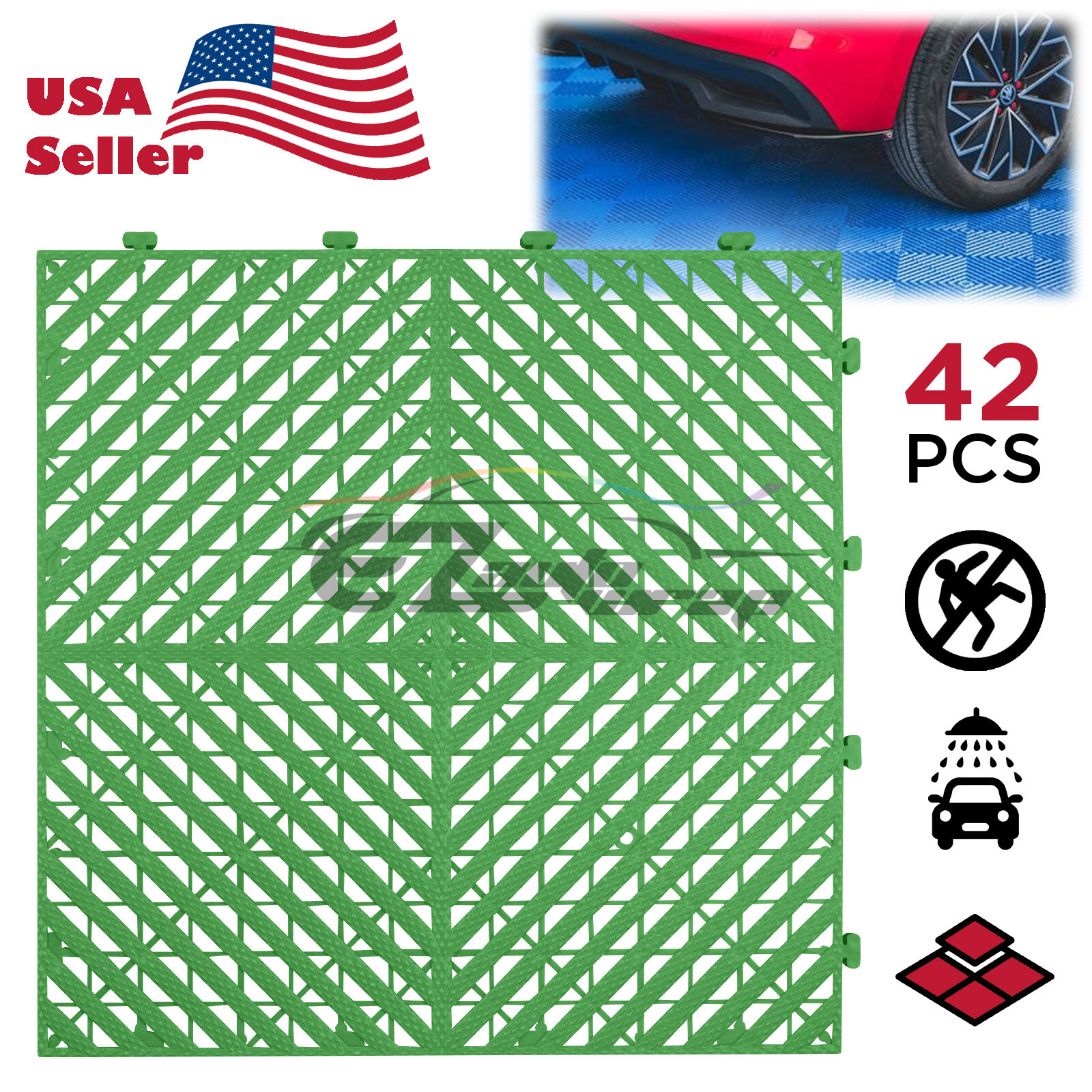 42pcs 16″x16″ Green Garage Floor Mat Perforated Flooring Tile Shop Interlocking