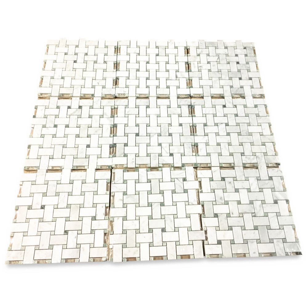 C652XH White Carrara Marble 1×2 Basketweave Mosaic Tile Green Dots Honed