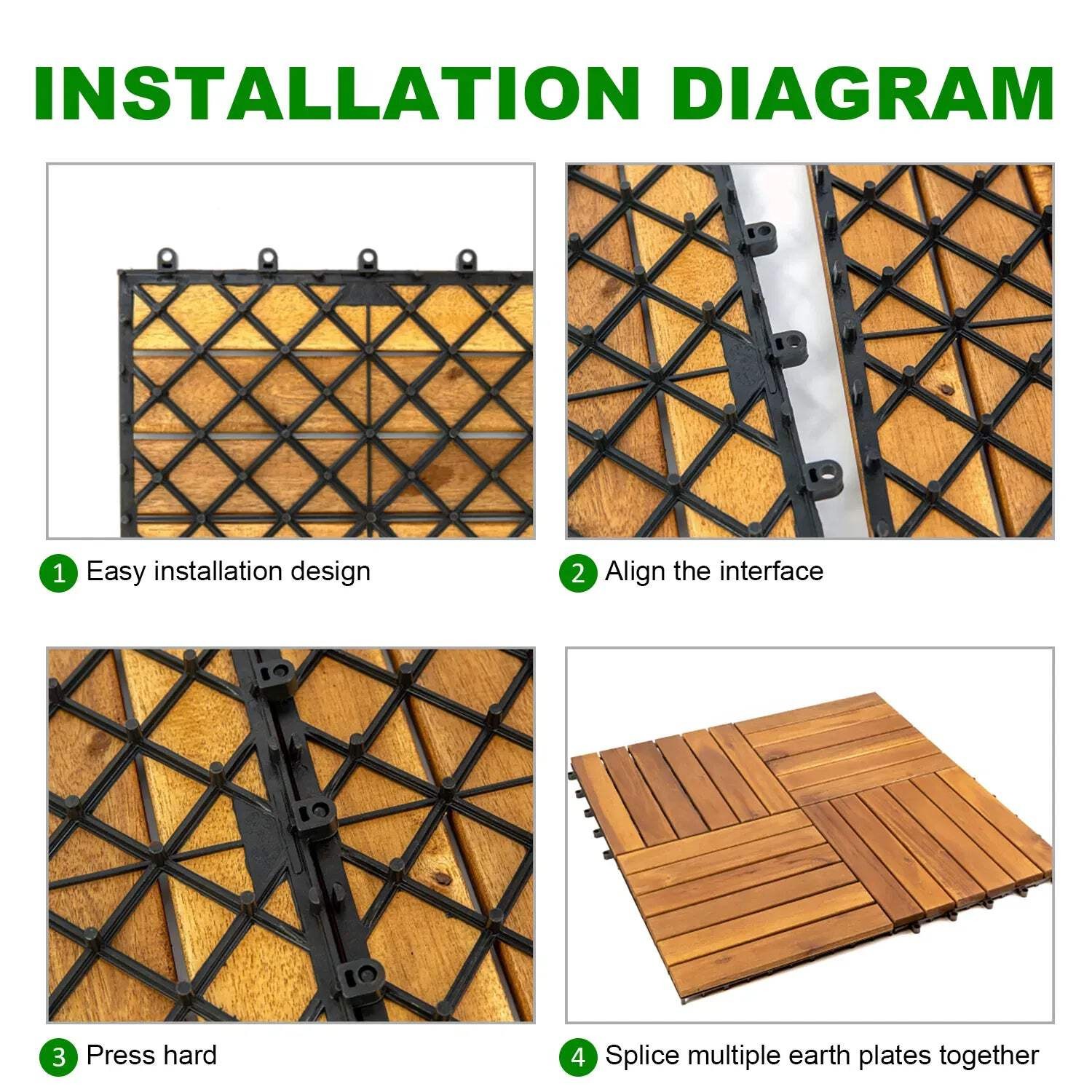 10PCS Acacia Wood Deck Tile Interlocking Flooring Waterproof Tiles Outdoor Patio
