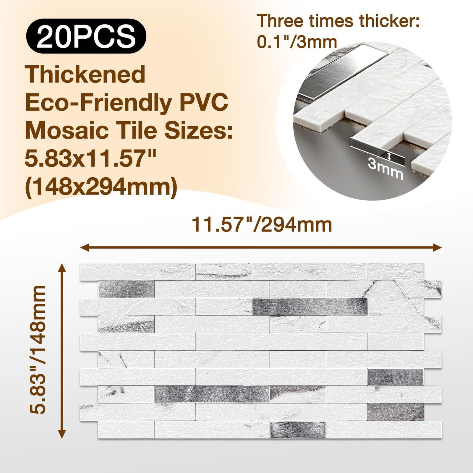 Peel and Stick Backsplash Tile Waterproof PVC Wall Sticker 3D Faux Stone Marble