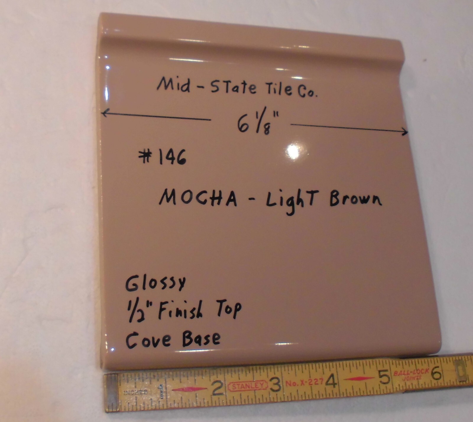 1 pc. Vintage Glossy *Mocha- Brown* 6” X 6” Ceramic Cove Base Tile by MID-STATE