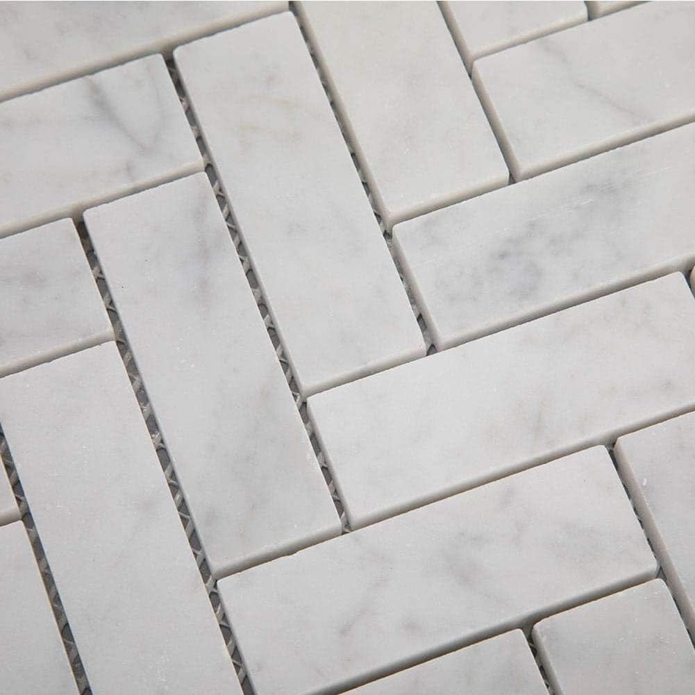 Soulscrafts White Carrara Marble Mosaic Tile, Marble Tile 1×3 Herringbone Pol…