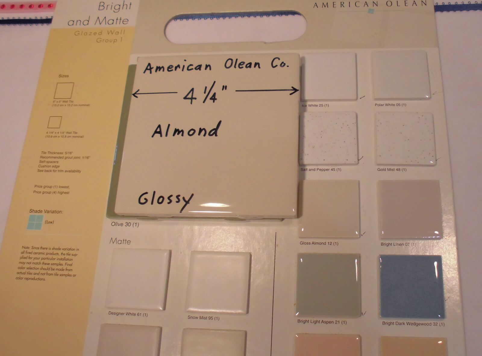 9 pcs. Glossy *Almond* 4-1/4″ Ceramic Tiles by American Olean Co. New Stock
