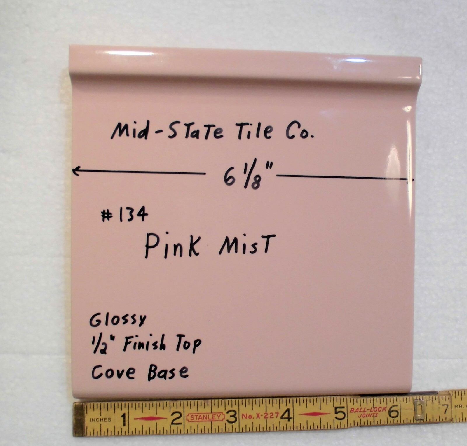 1 pc. Vintage Glossy *Pink Mist* 6” X 6” Ceramic Cove Base Tile by MID-STATE