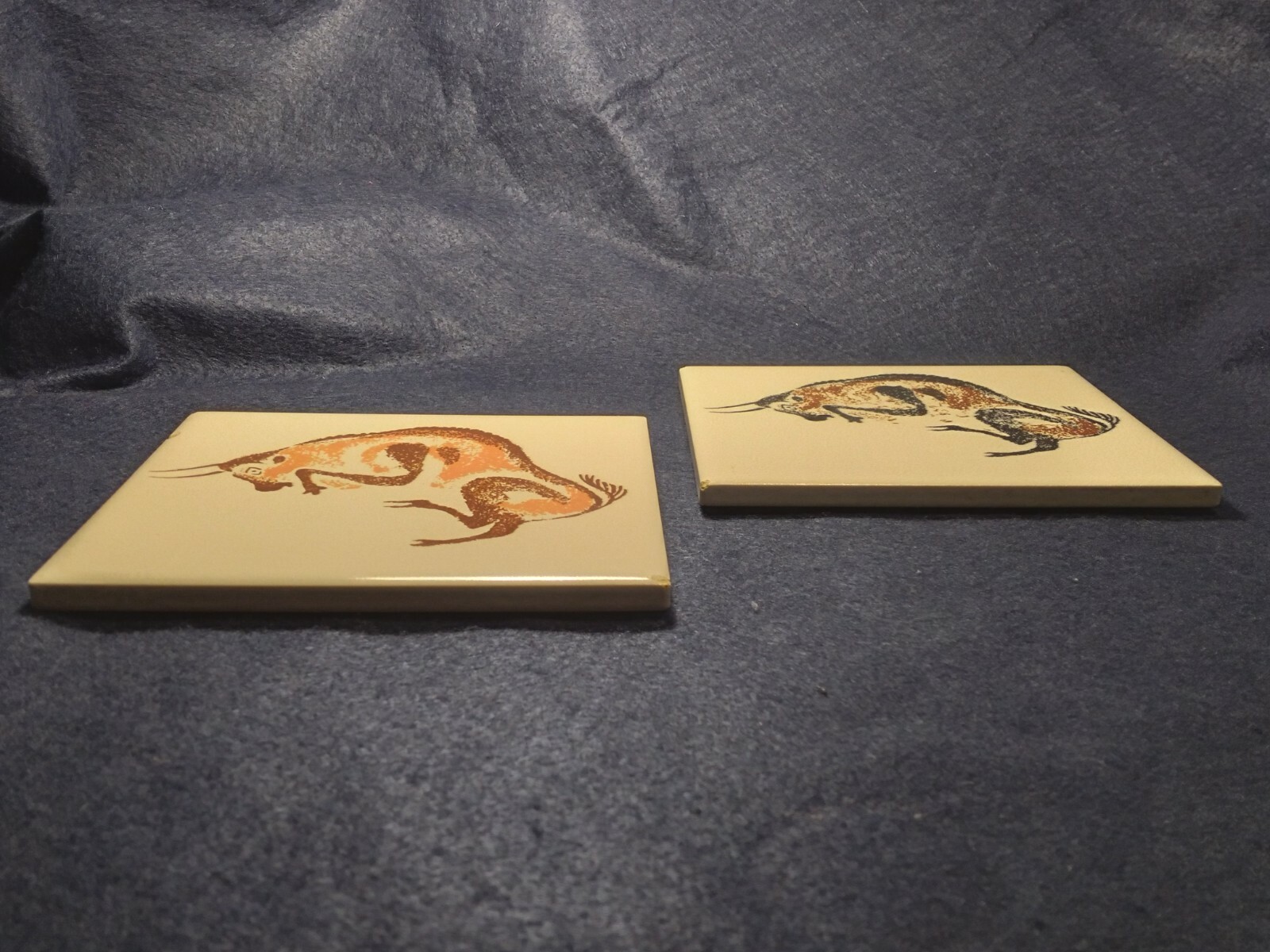 Pair Vintage France Lascaux Cave Painting Bison Decorative Ceramic Art Tiles 6″