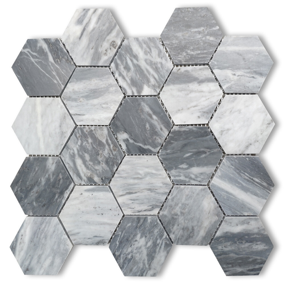 K33XH Bardiglio Gray Dark Grey Marble 3 inch Hexagon Mosaic Tile Honed