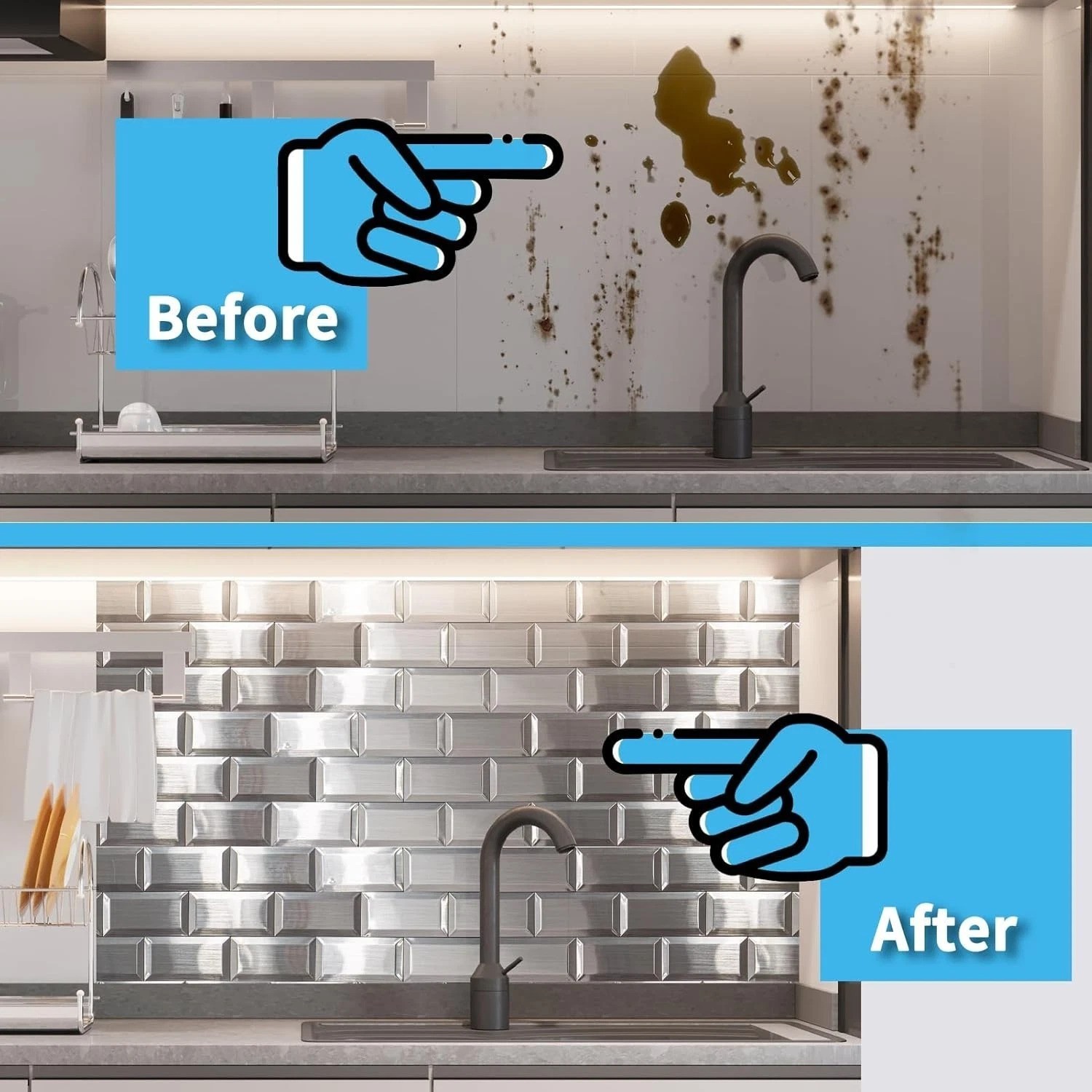 Modern Stainless Stick-On Subway Tiles, 100-Pcs, 3D Texture//