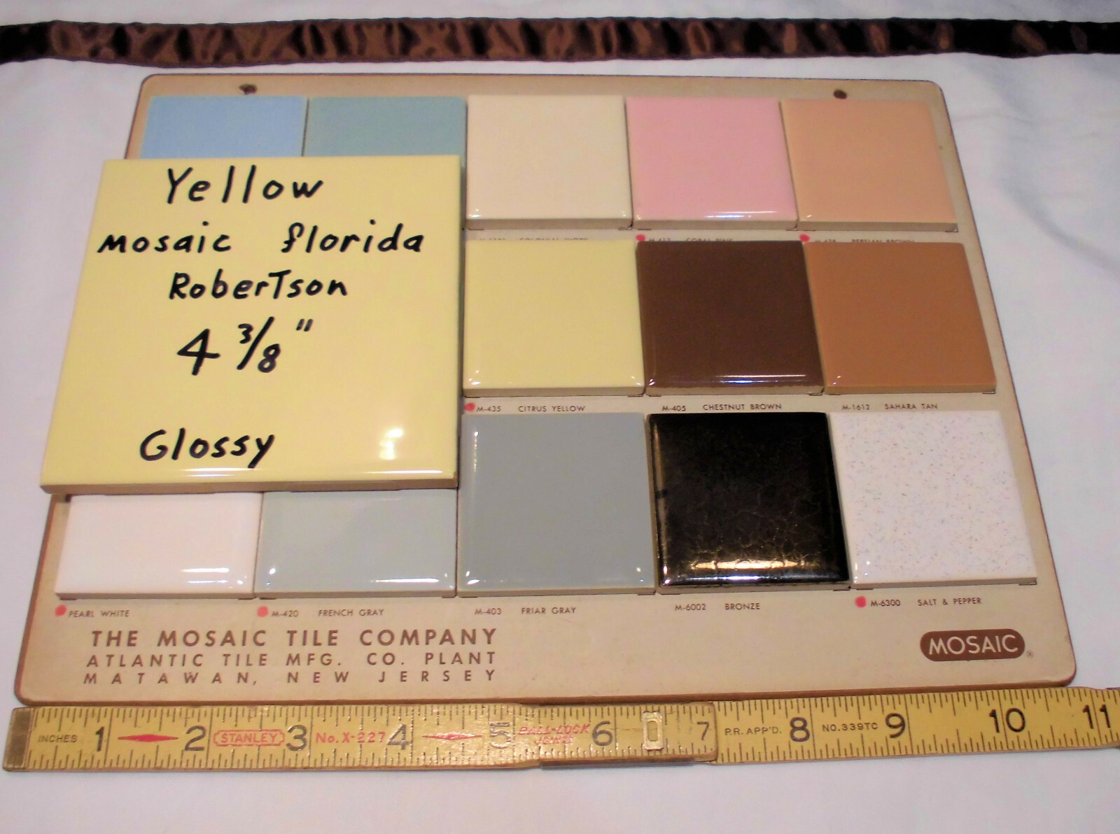 1 pc. Glossy Yellow Ceramic Tile 4-3/8″ ; Matches: Florida, Mosaic & Robertson