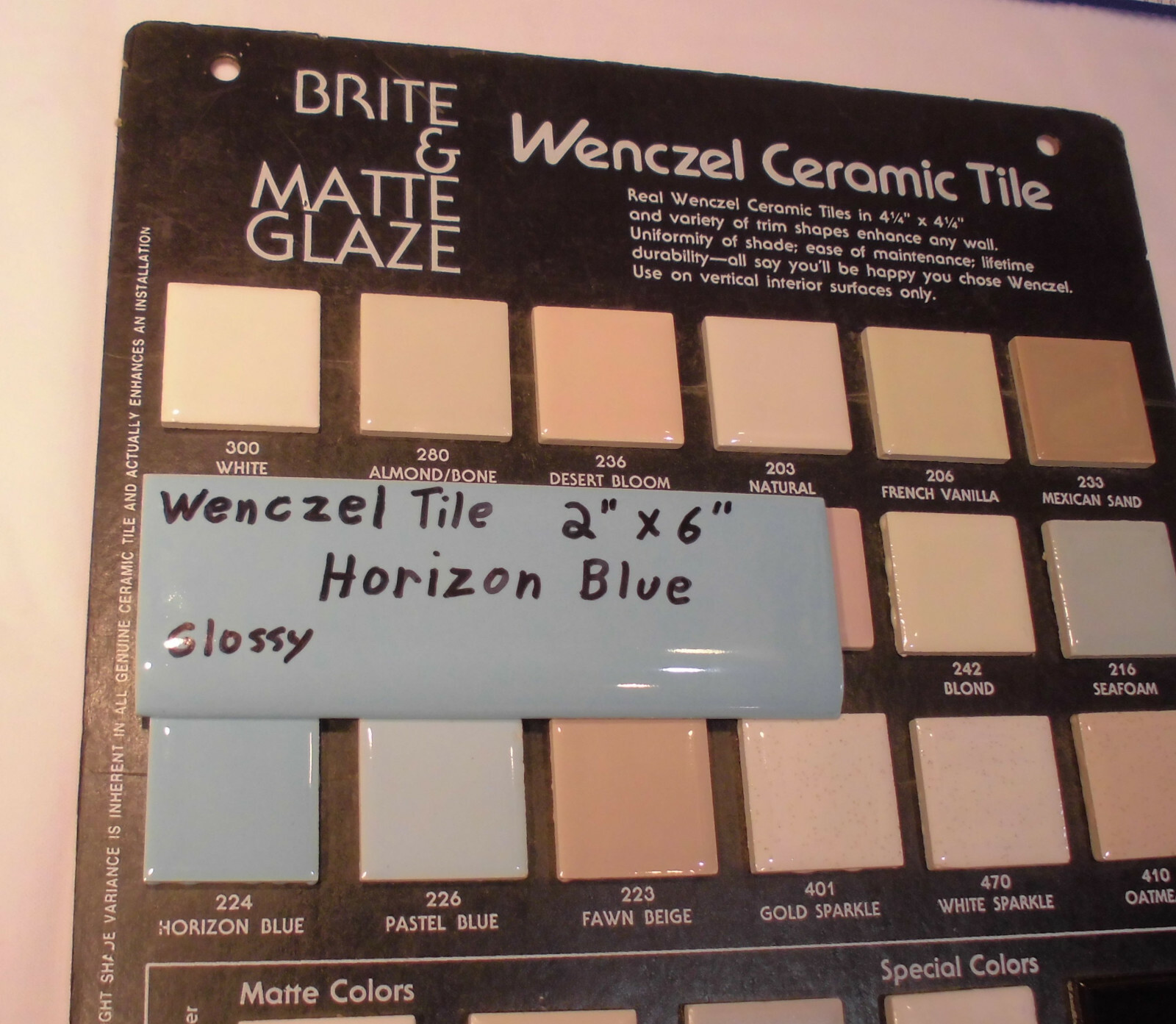 1 pc. Glossy *Horizon Blue* 2” X 6” Bullnose Ceramic Tile by Wenczel Co. NOS