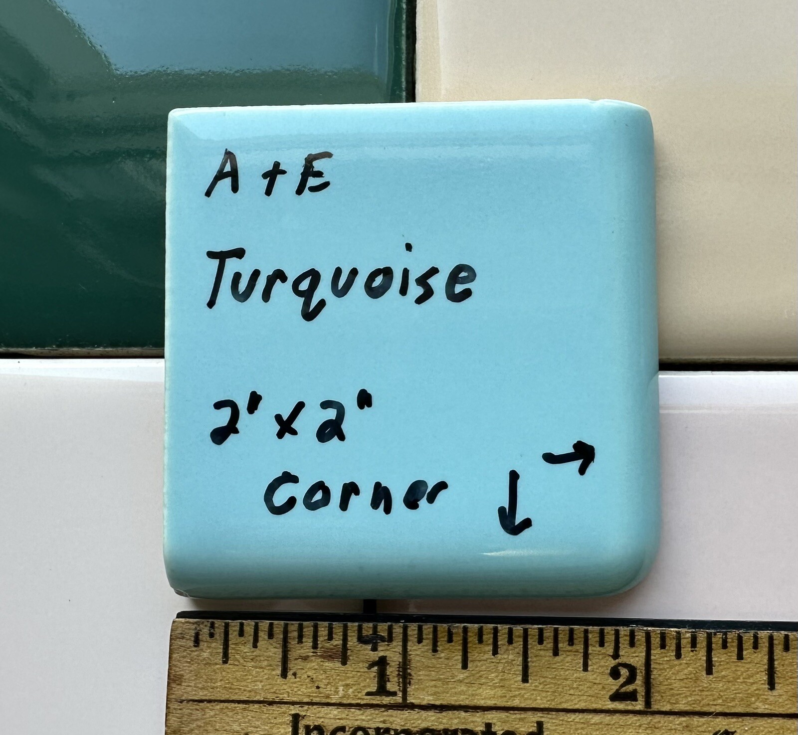 Turquoise: 2″ X 2″ X 5/16″ Ceramic Surface Bullnose Corner Tile, made 1950’s